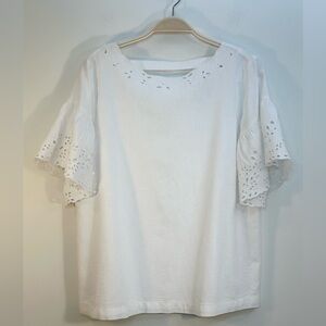 LOFT Eyelet Ruffle Sleeve Blouse Womens S White Linen Blend V-Back Feminine